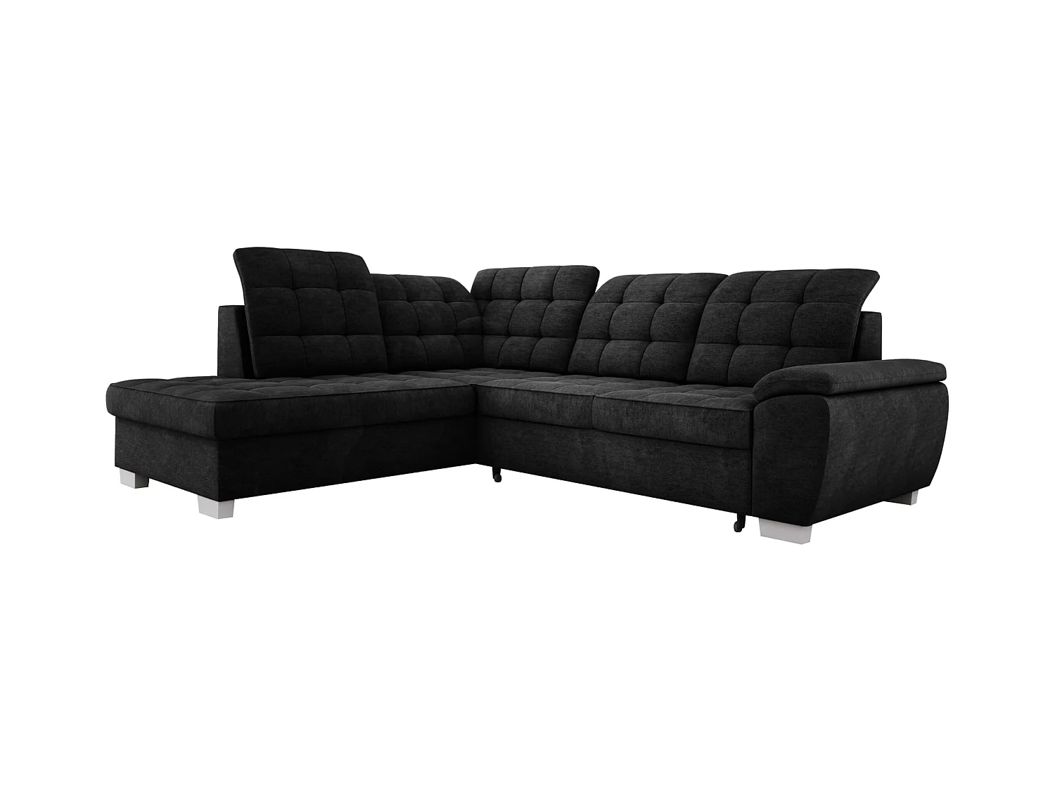 Canapé d'angle LOTTA en velours facile d'entretien, 258x212cm, idéal pour familles, avec rangement pratique, à gauche, NOIR