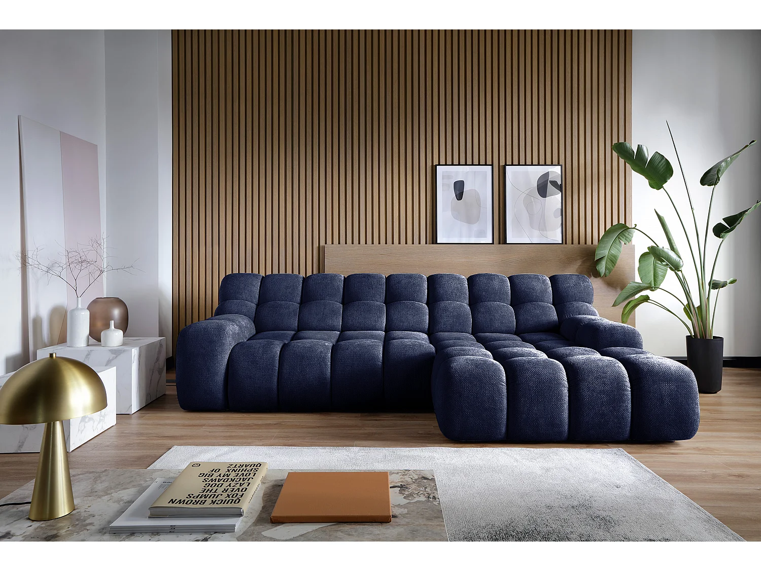 Canapé d'angle CAMPILE au design moderne, 297x180 cm, grande fonctionnalité, assise confortable, couleur bleu foncé, droite