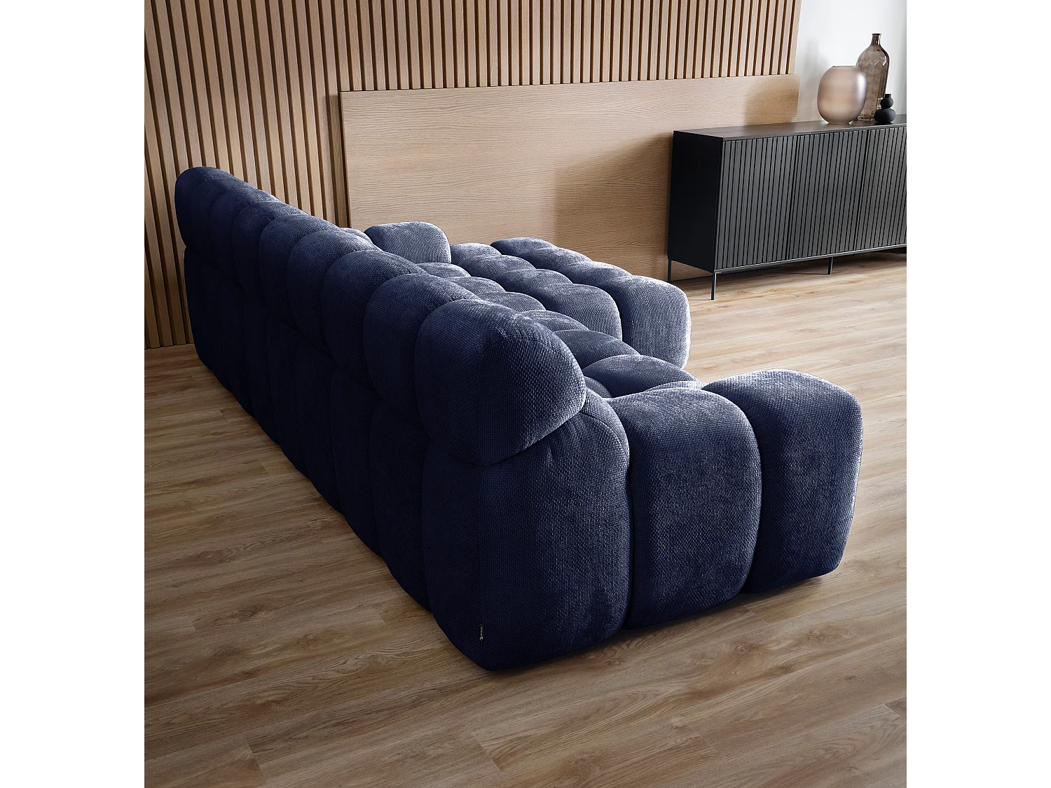 Canapé d'angle CAMPILE au design moderne, 297x180 cm, grande fonctionnalité, assise confortable, couleur bleu foncé, droite