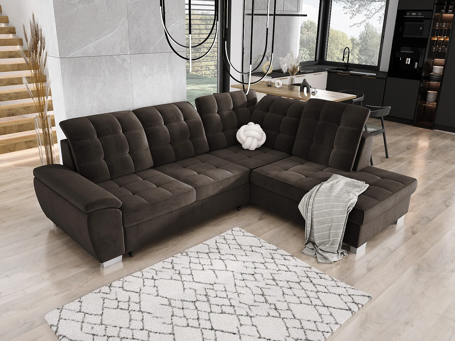 Ecksofa LOTTA Stoff SALVADOR, familienfreundlich, praktischer Bettkasten, hochwertige Verarbeitung, 258x212 cm, rechte Ecke, MARRON.