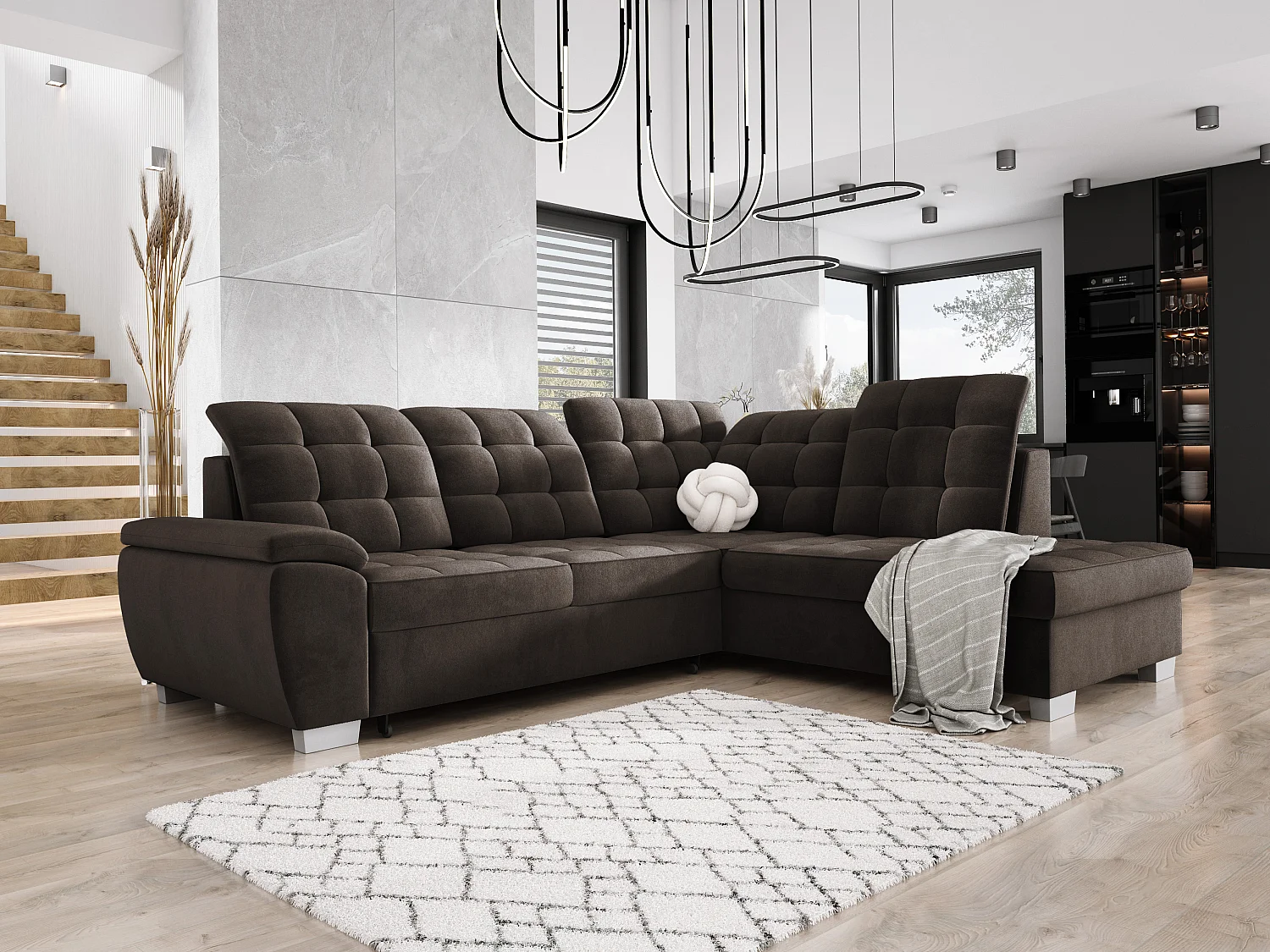 Hoekbank LOTTA in stof SALVADOR, familiebank, praktische opbergbox, hoogwaardige afwerking, 258x212 cm, rechte hoek, BRUIN