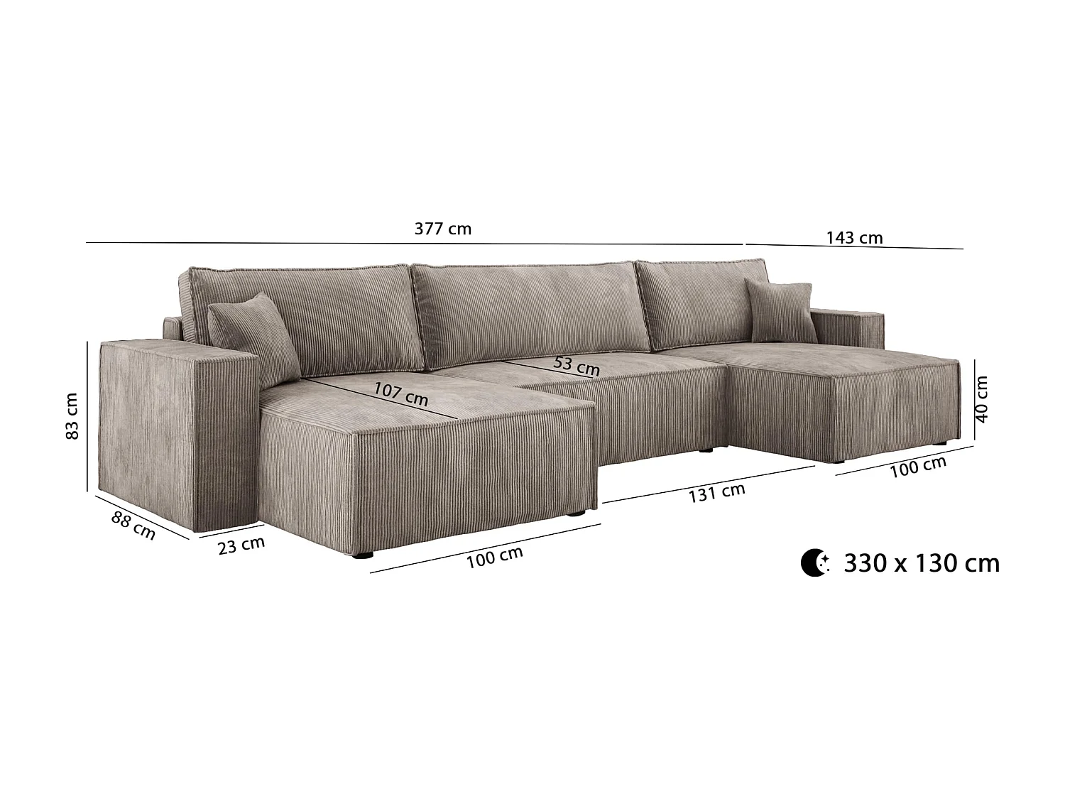 DomoHome Narożnik XXL w kształcie litery U z łóżkiem 330x130cm, miękkie poduszki, skrzynia, wysokiej jakości tapicerka, pudrowy róż, 377x143x83cm
