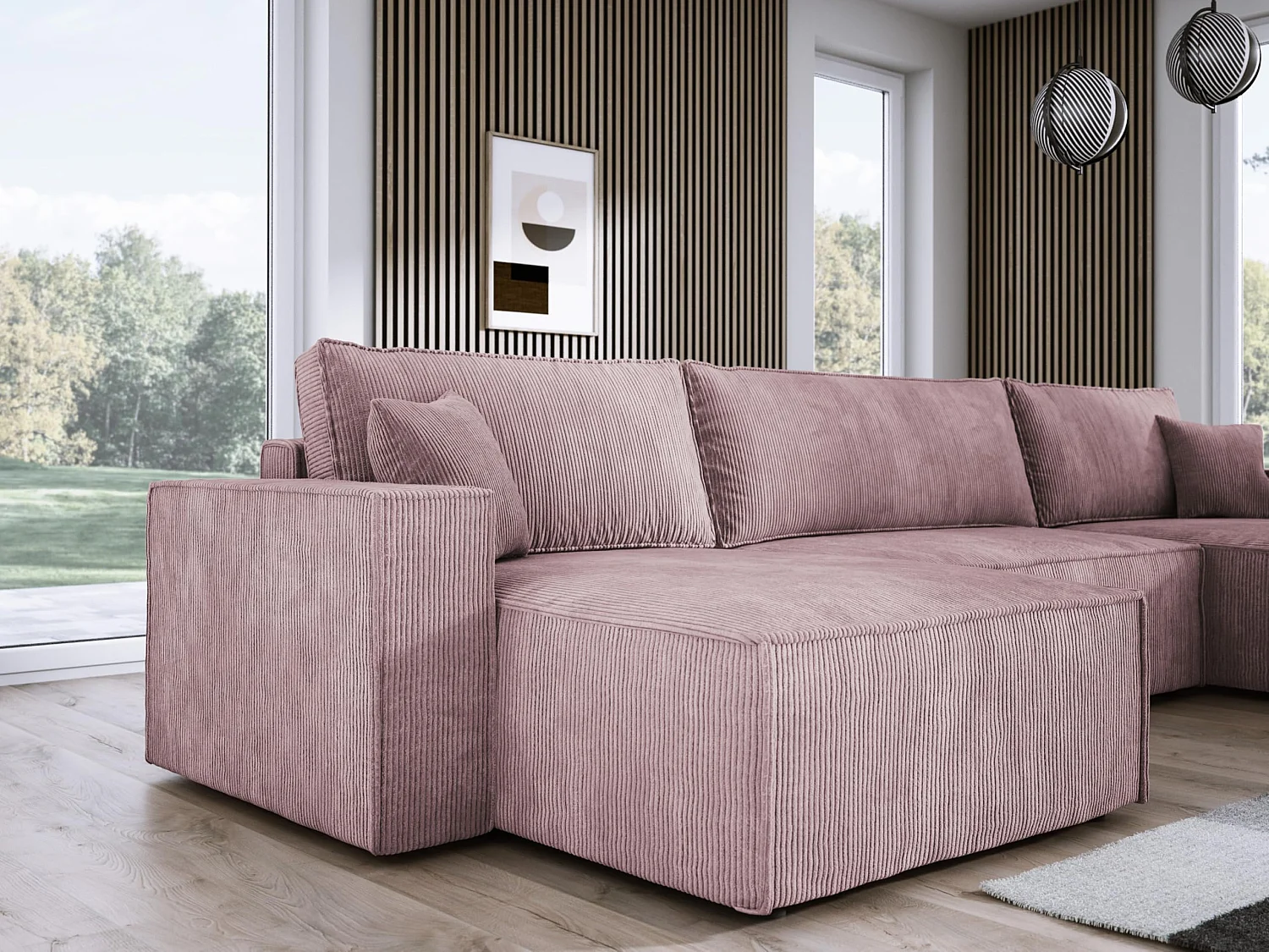 DomoHome Narożnik XXL w kształcie litery U z łóżkiem 330x130cm, miękkie poduszki, skrzynia, wysokiej jakości tapicerka, pudrowy róż, 377x143x83cm