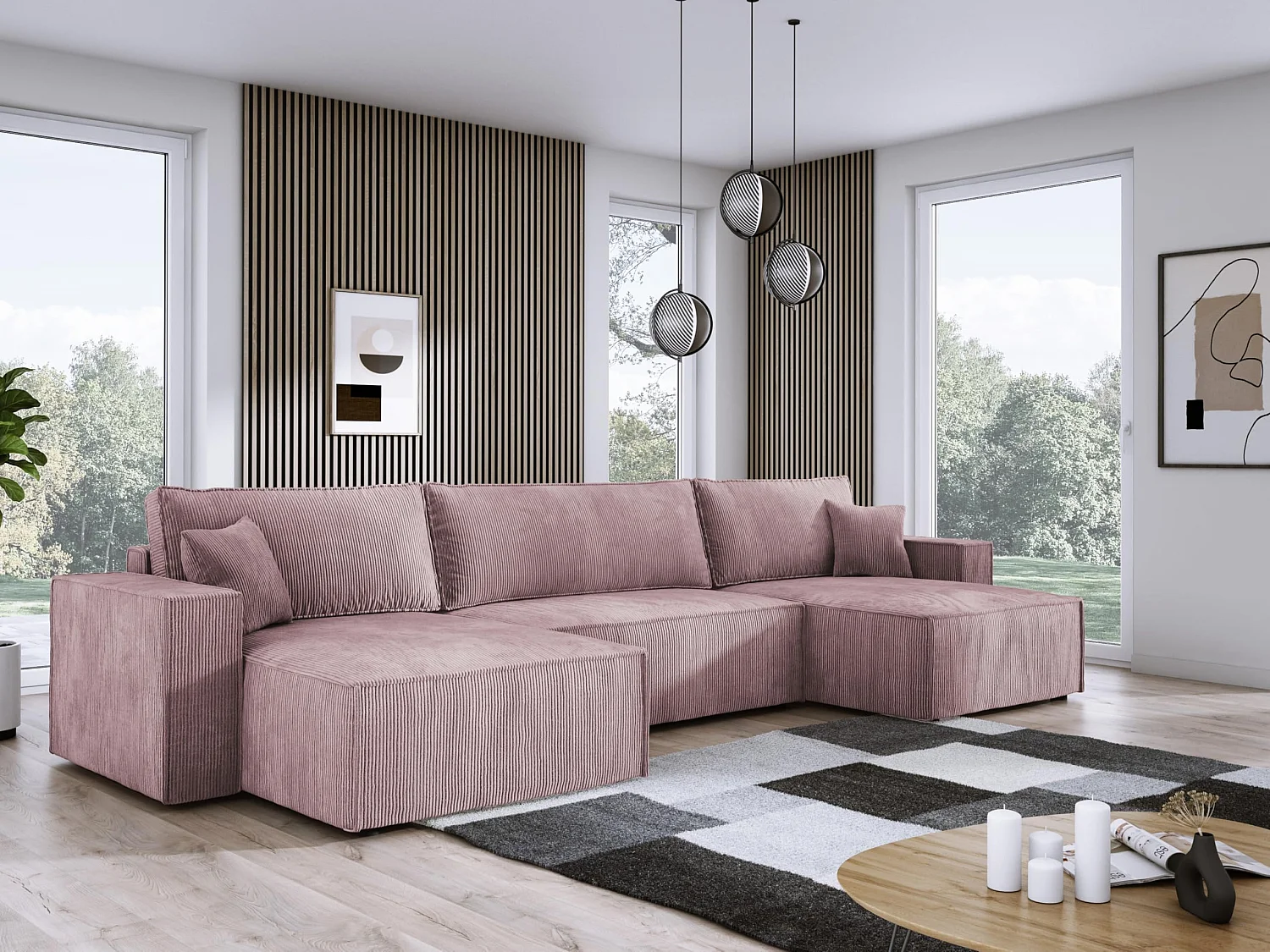 DomoHome XXL U-vormige hoekbank met bed 330x130cm, zachte kussens, commode, hoogwaardige bekleding, poederroze, 377x143x83cm