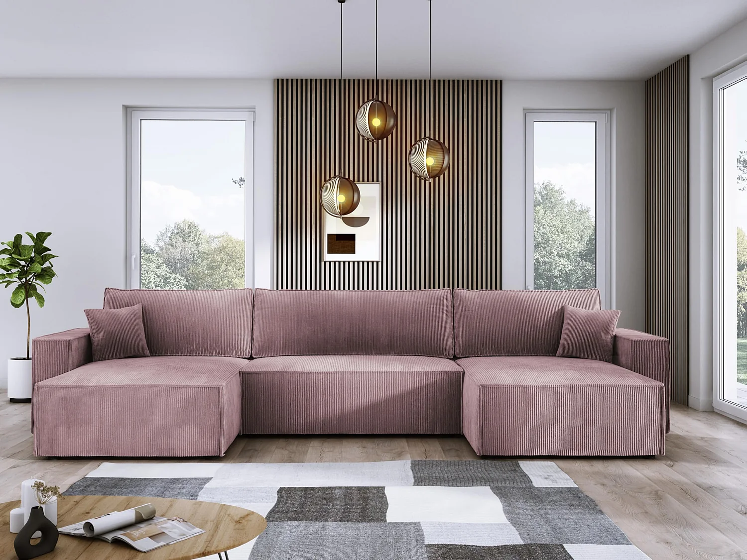 DomoHome XXL U-vormige hoekbank met bed 330x130cm, zachte kussens, commode, hoogwaardige bekleding, poederroze, 377x143x83cm