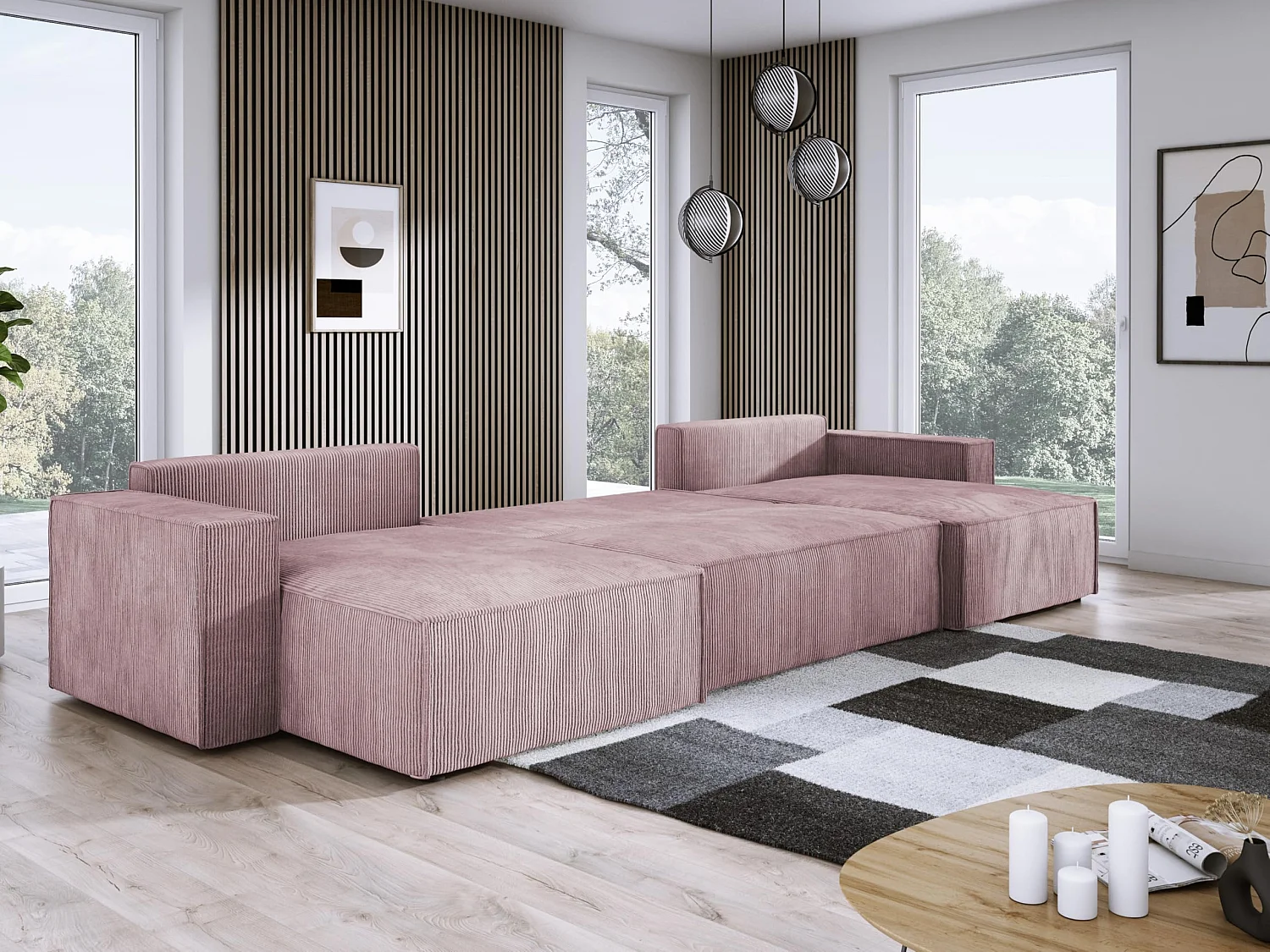DomoHome XXL U-Ecksofa mit Bett 330x130cm, weiche Kissen, Truhe, hochwertige Polsterung, puderrosa, 377x143x83cm.