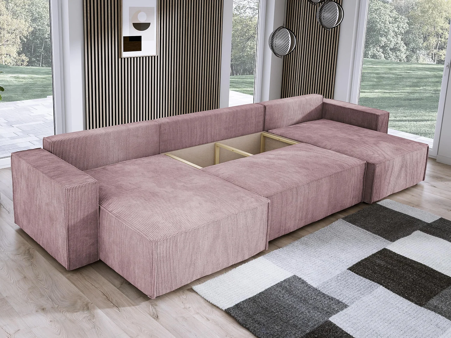 DomoHome XXL U-Ecksofa mit Bett 330x130cm, weiche Kissen, Truhe, hochwertige Polsterung, puderrosa, 377x143x83cm.