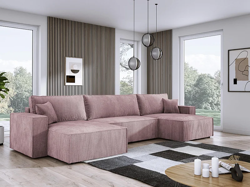 DomoHome XXL U-Ecksofa mit Bett 330x130cm, weiche Kissen, Truhe, hochwertige Polsterung, puderrosa, 377x143x83cm.