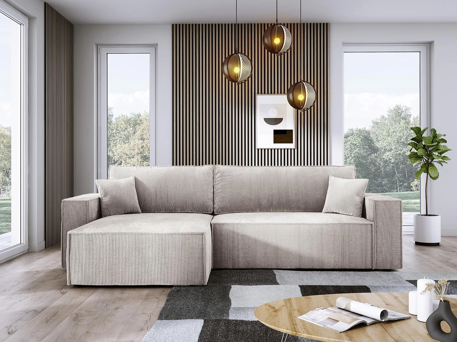 Narożnik POSO XL z funkcją spania - rozkładany, tkanina prążkowana, sprężyny faliste, jasnobeżowy, wygodny, 274x143x83 cm