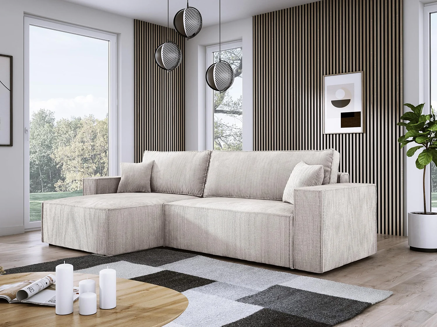 Narożnik POSO XL z funkcją spania - rozkładany, tkanina prążkowana, sprężyny faliste, jasnobeżowy, wygodny, 274x143x83 cm