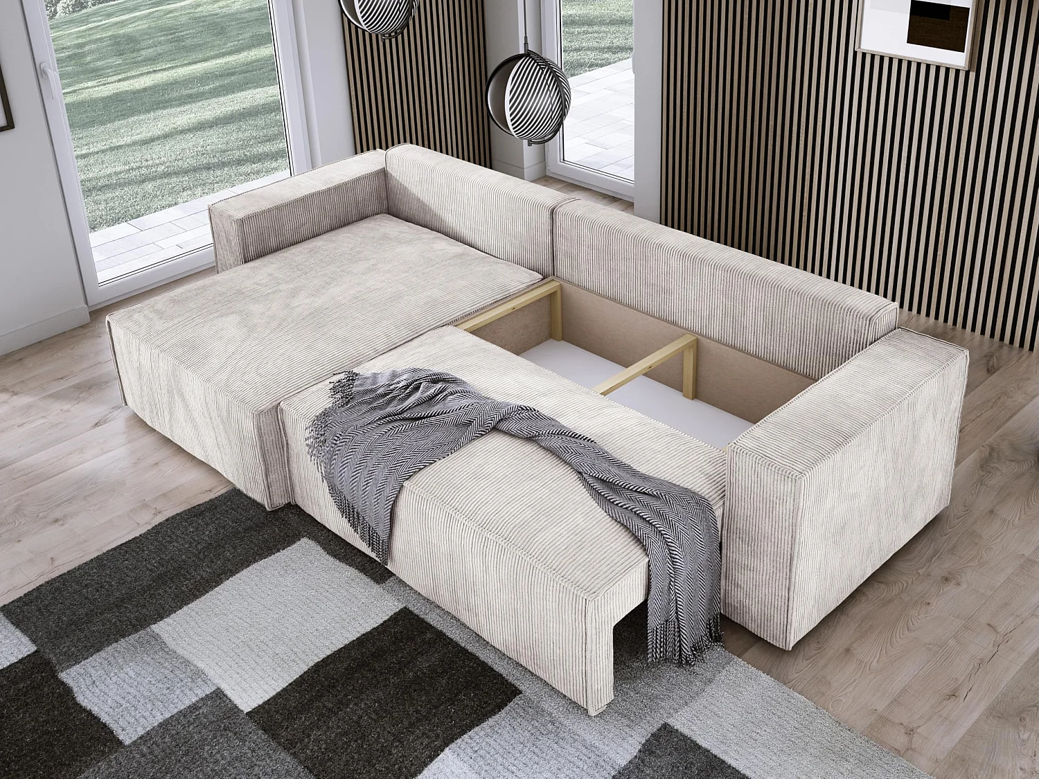 Narożnik POSO XL z funkcją spania - rozkładany, tkanina prążkowana, sprężyny faliste, jasnobeżowy, wygodny, 274x143x83 cm