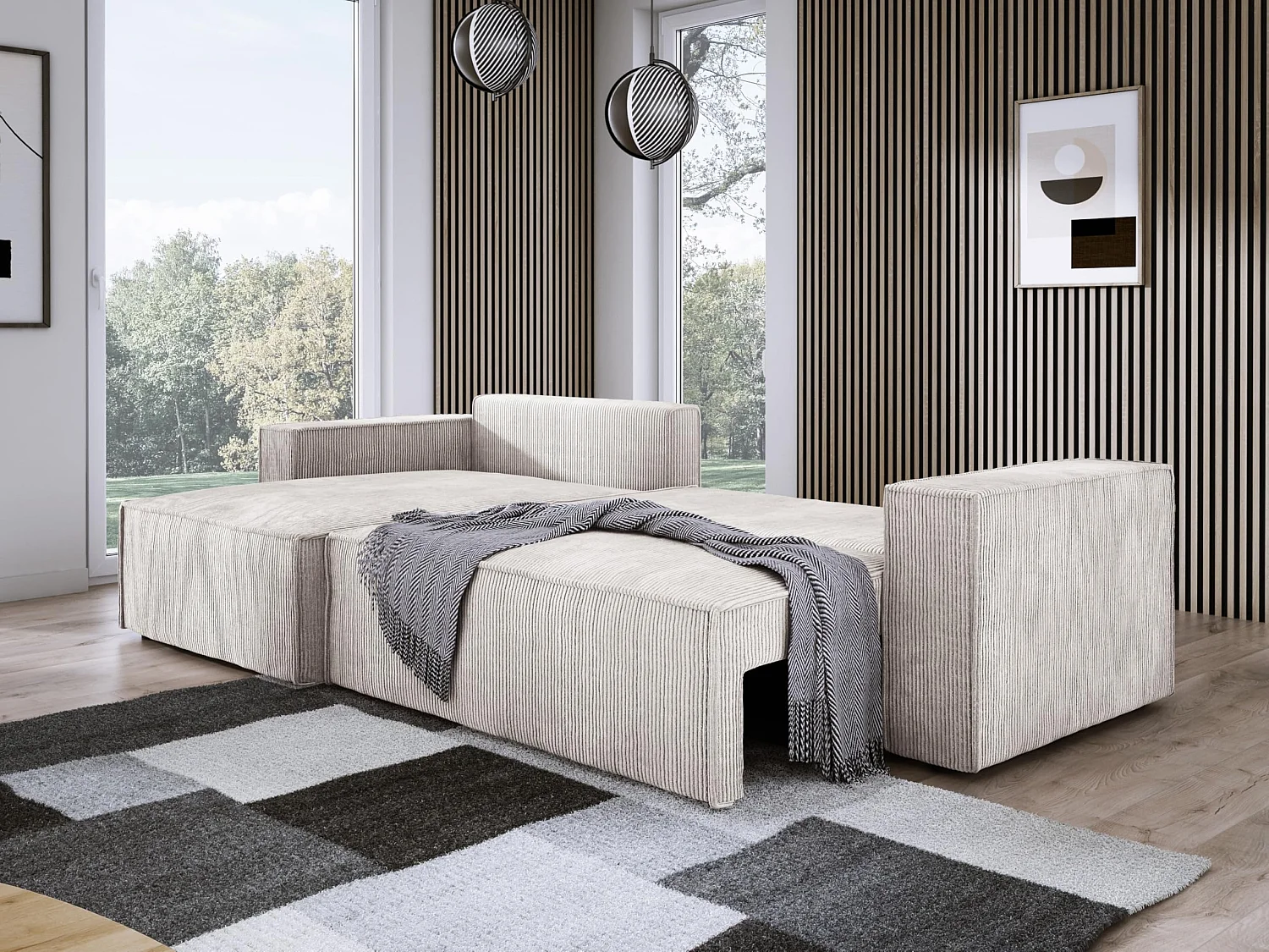 Narożnik POSO XL z funkcją spania - rozkładany, tkanina prążkowana, sprężyny faliste, jasnobeżowy, wygodny, 274x143x83 cm