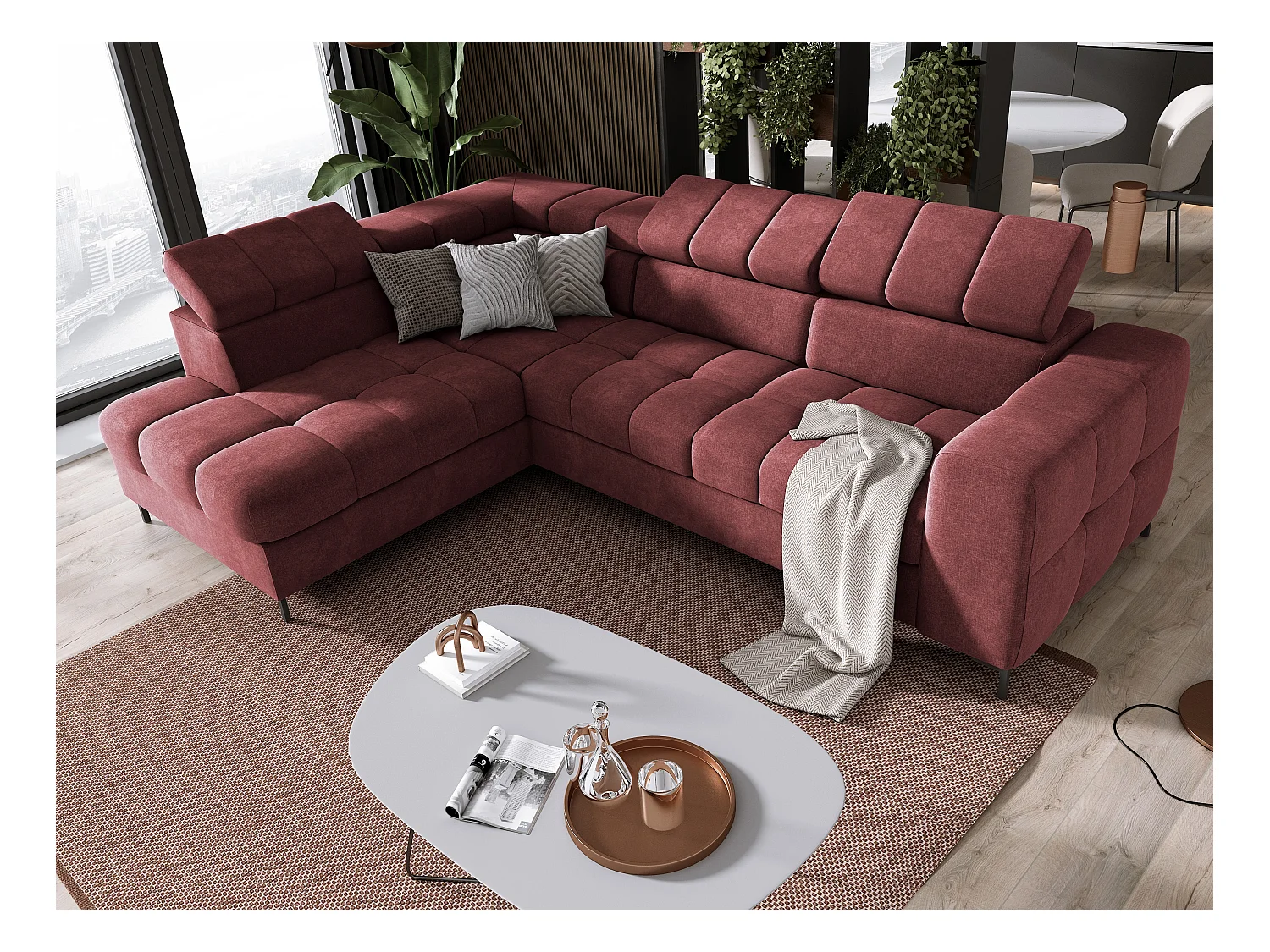 Canapé d'Angle PABLOS avec Têtière Réglable 279x201cm | Couchage & Rangement, Rouge Clair Vogue, Gauche