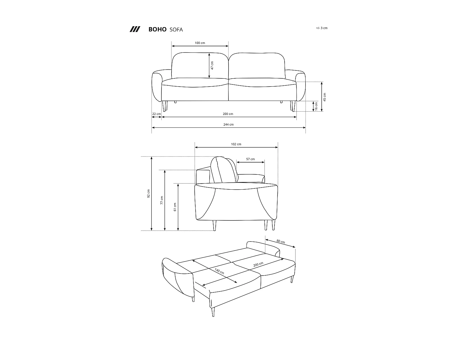 BOHO Sofa - Uitschuifbare bank met slaapoppervlak 140x200 cm, houten poten, opbergruimte, PUR-stof, 244x92x102 cm DONKERGRIJS