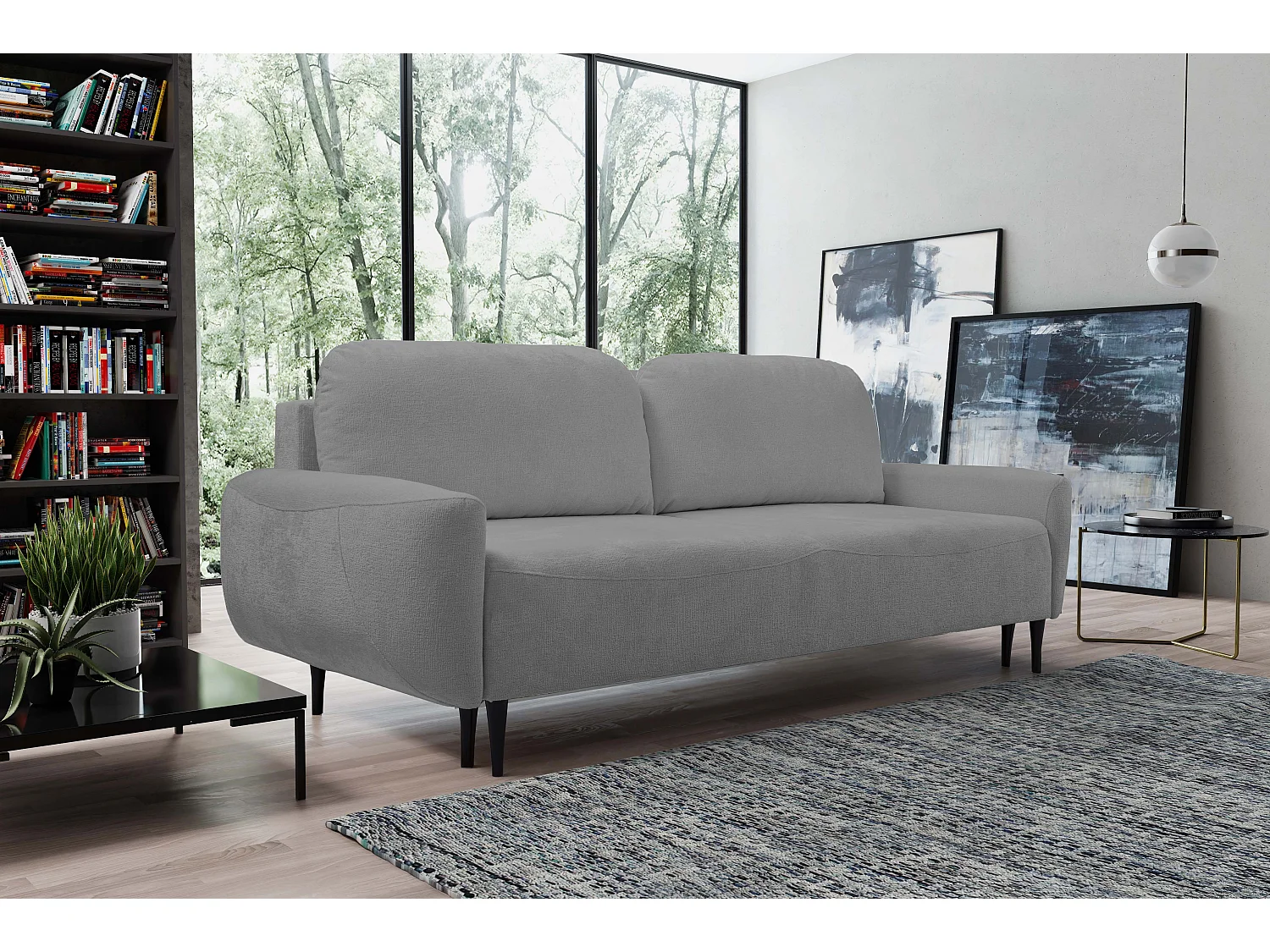 BOHO Sofa - Uitschuifbare bank met slaapoppervlak 140x200 cm, houten poten, opbergruimte, PUR-stof, 244x92x102 cm DONKERGRIJS