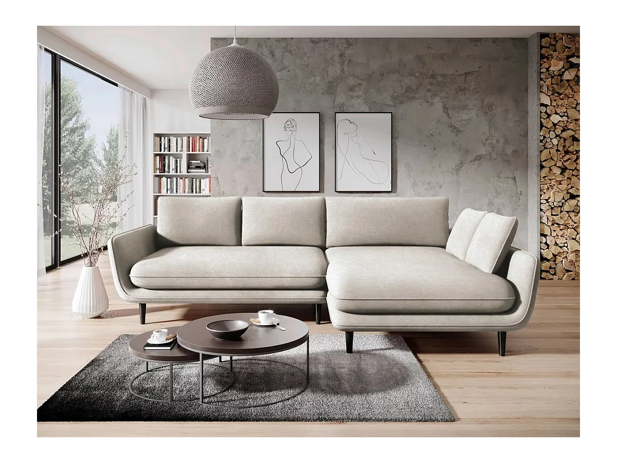 Ecksofa SOLANO mit Bettfunktion - Elegantes skandinavisches Sofa 260x167 cm, Bettkasten und Füße aus Holz, Farbe weiß, Rechts