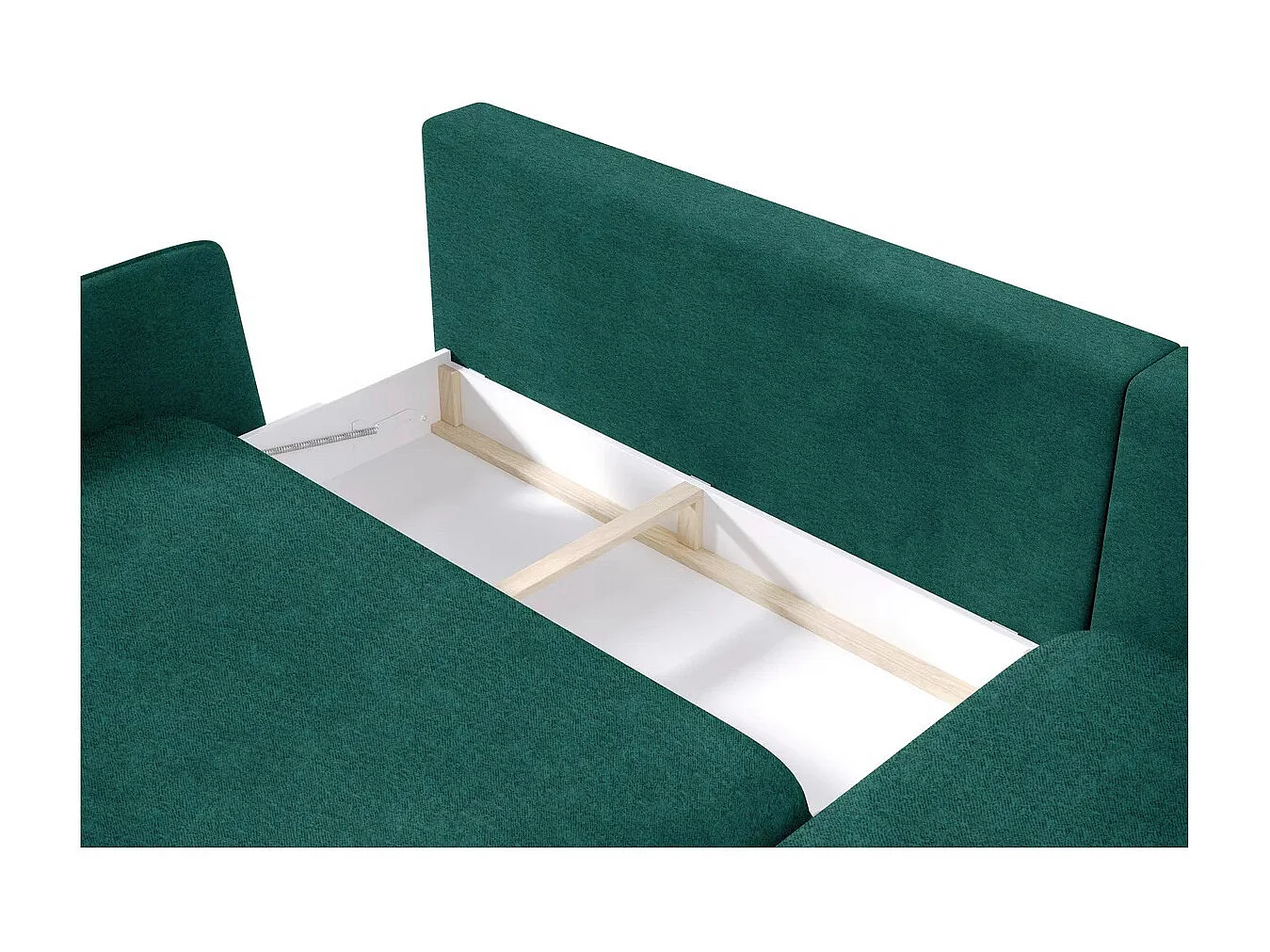 Ecksofa SOLANO mit Bettfunktion - Elegantes skandinavisches Sofa 260x167 cm, Bettkasten und Füße aus Holz, Farbe dunkelgrün, Links