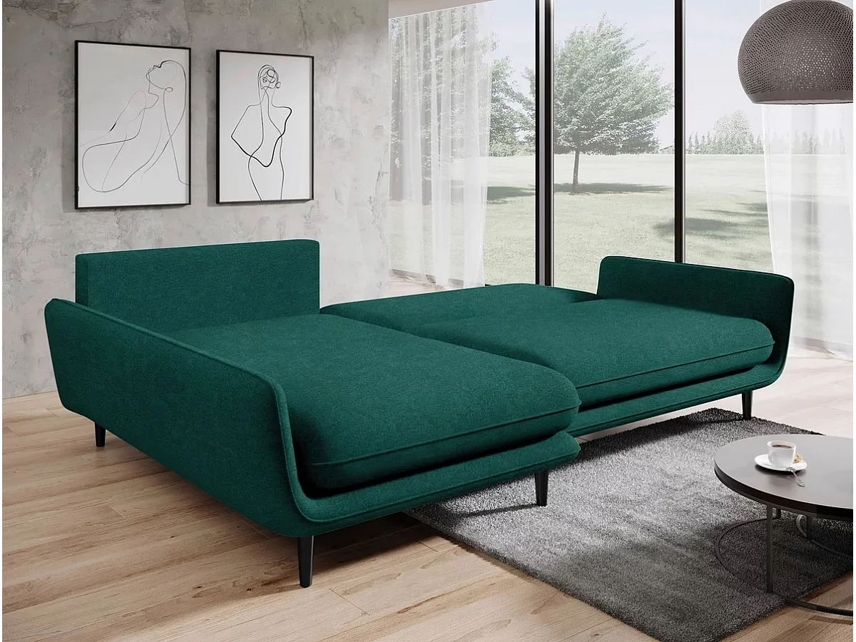 Ecksofa SOLANO mit Bettfunktion - Elegantes skandinavisches Sofa 260x167 cm, Bettkasten und Füße aus Holz, Farbe dunkelgrün, Links