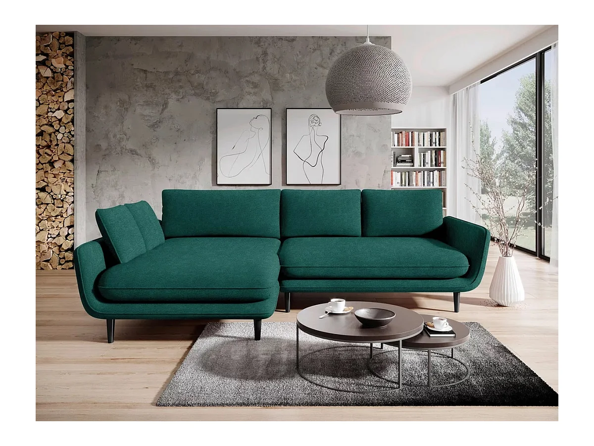Canapé d'angle SOLANO avec fonction lit – Canapé scandinave élégant 260x167 cm, Coffre de lit et pieds en bois, Couleur vert foncé, Gauche