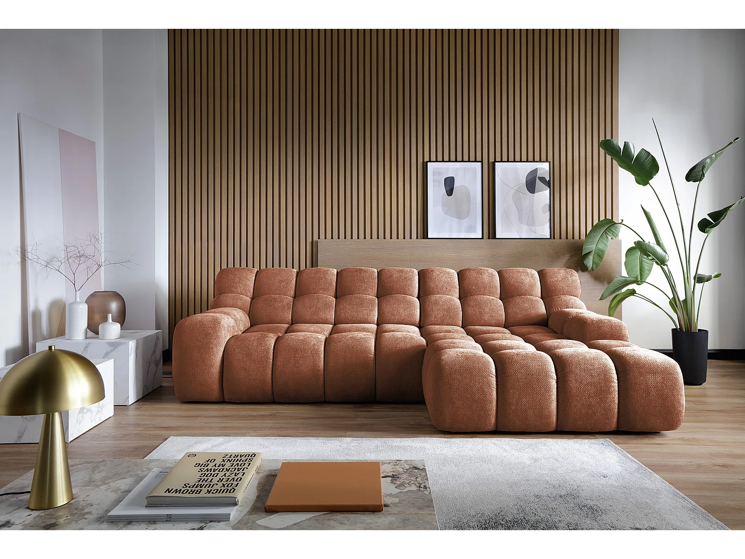 CAMPILE hoekbank met elektrisch verstelbare zitting, verstelbare hoofdsteunen, indeling rechts, 288x119x85 cm, kleur oranje