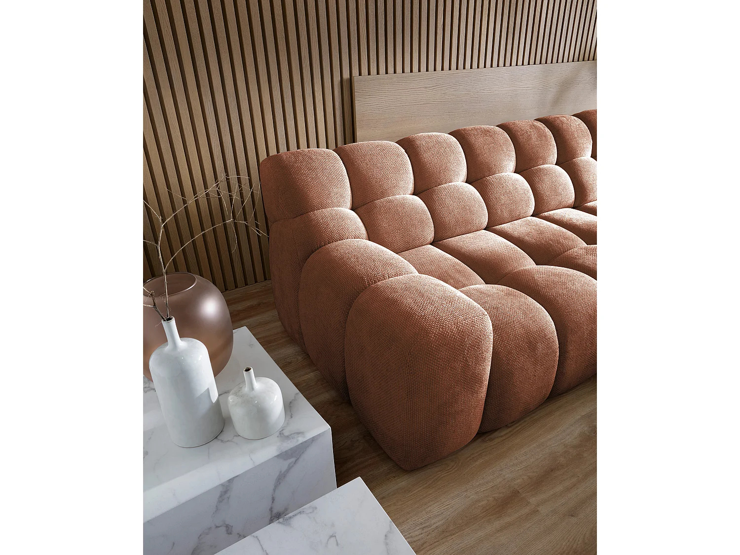 CAMPILE hoekbank met elektrisch verstelbare zitting, verstelbare hoofdsteunen, indeling rechts, 288x119x85 cm, kleur oranje