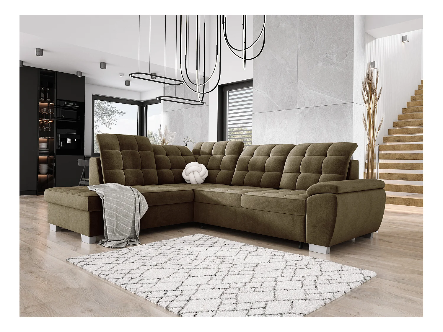 LOTTA Ecksofa mit SALVADOR-Stoff, familienfreundlich, praktischer Bettkasten, hochwertige Verarbeitung, 258x212 cm, linke Ecke, GRÜN