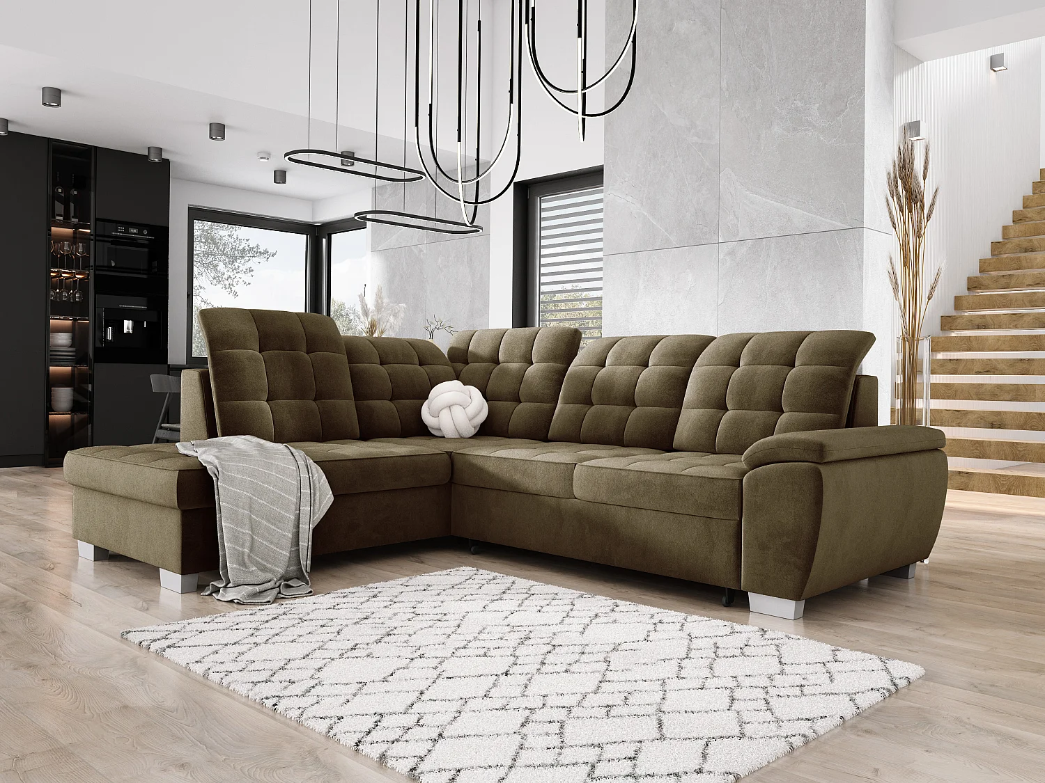 Hoekbank LOTTA in stof SALVADOR, familiebank, praktische opbergbox, hoogwaardige afwerking, 258x212 cm, linkerhoek, GROEN