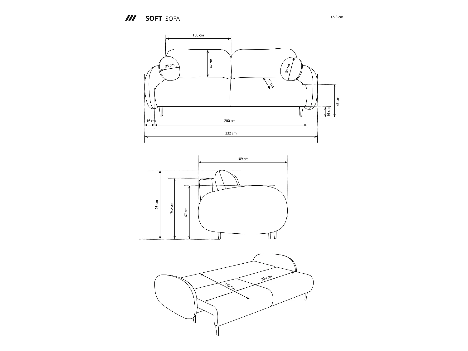 Zweisitzer-Sofa SOFT, Schlafsofa, Stauraum, 2 Kissen, moderner Stil, 232x95x109 cm, Farbe: CAPPUCCINO