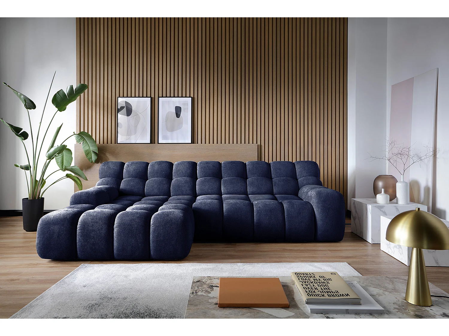 Ecksofa CAMPILE mit elektrisch verschiebbarem Sitz, verstellbare Kopfstützen, Layout Links, 288x119x85 cm, Farbe Marine