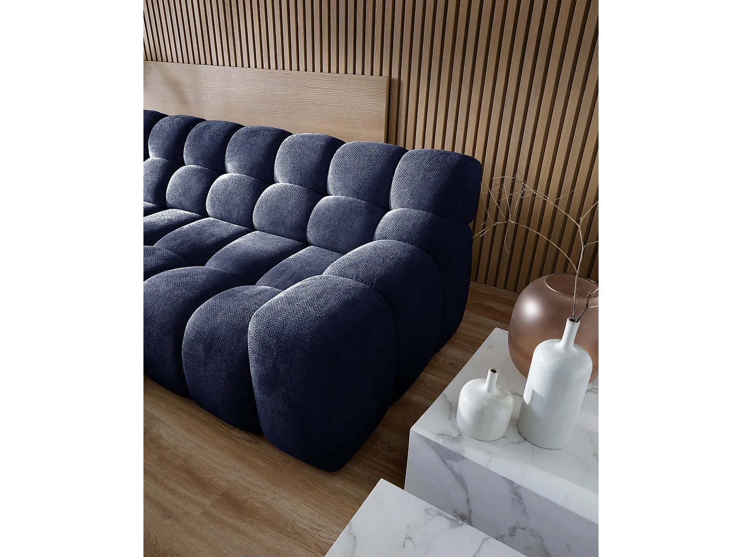 Ecksofa CAMPILE mit elektrisch verschiebbarem Sitz, verstellbare Kopfstützen, Layout Links, 288x119x85 cm, Farbe Marine