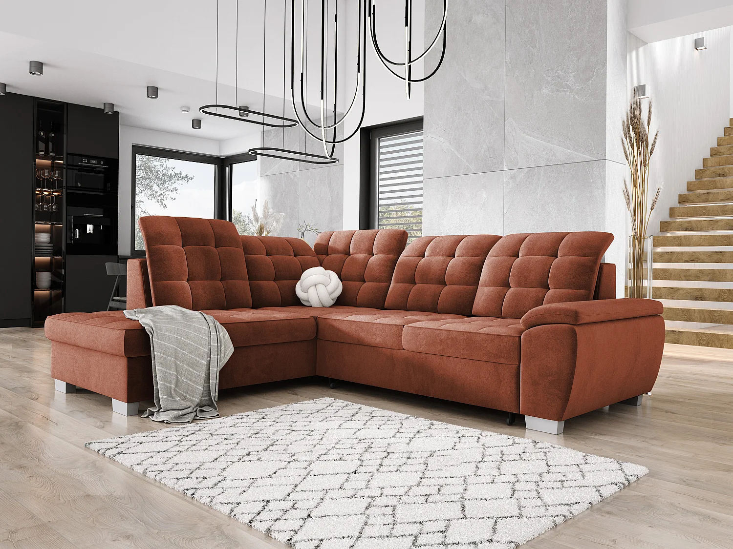 Ecksofa LOTTA, Stoffbezug SALVADOR, umbaubar, geräumige Truhe, elegantes Design, 258x212 cm, linke Ecke, BORDEAUX