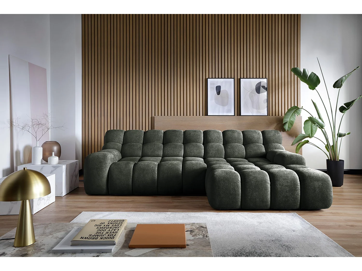 Ecksofa CAMPILE DomoHome, elektrisch verstellbarer Sitz, verstellbare Kopfstützen, rechte Ecke, 288x119x85 cm, GRÜN