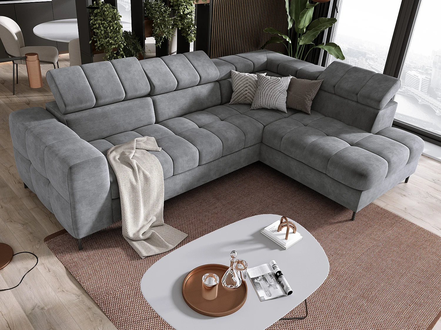 Ecksofa PABLO 279x201 cm, Bettfunktion, Bettkasten, verstellbare Kopfstützen, weicher CLOUD-Stoff, Metallfüße, rechte Anordnung, hellgrau