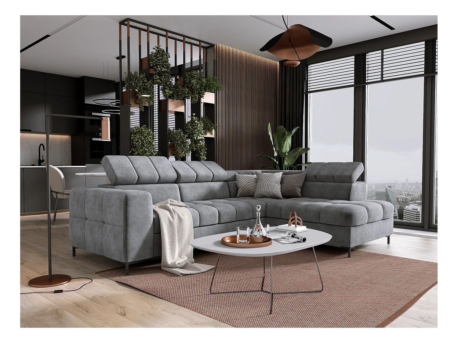 Canapé d'angle PABLO 279x201 cm, fonction lit, coffre de rangement, têtières réglables, tissu CLOUD, pieds en métal, design rectiligne, gris clair