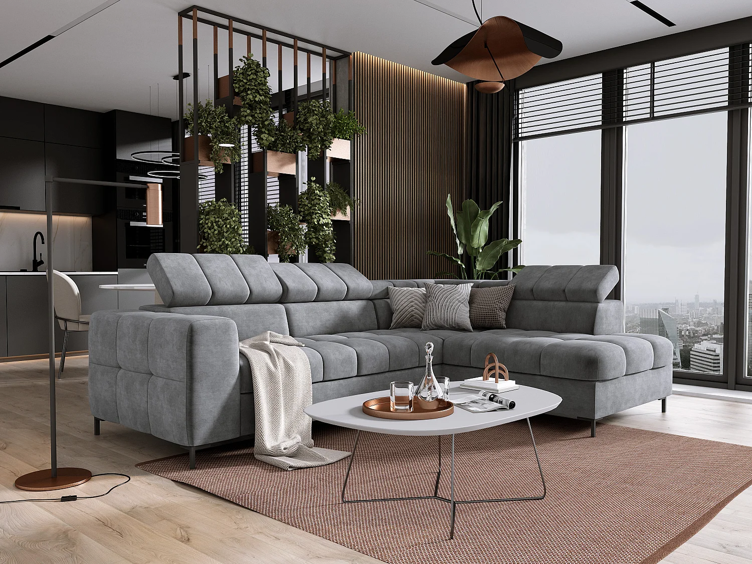 Hoekbank PABLO 279x201 cm, bedfunctie, commode, verstelbare hoofdsteunen, zachte CLOUD stof, metalen poten, recht einde design, lichtgrijs