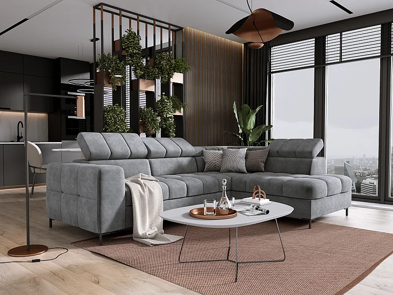 Canapé d'angle PABLO 279x201 cm, fonction lit, coffre de rangement, têtières réglables, tissu CLOUD, pieds en métal, design rectiligne, gris clair