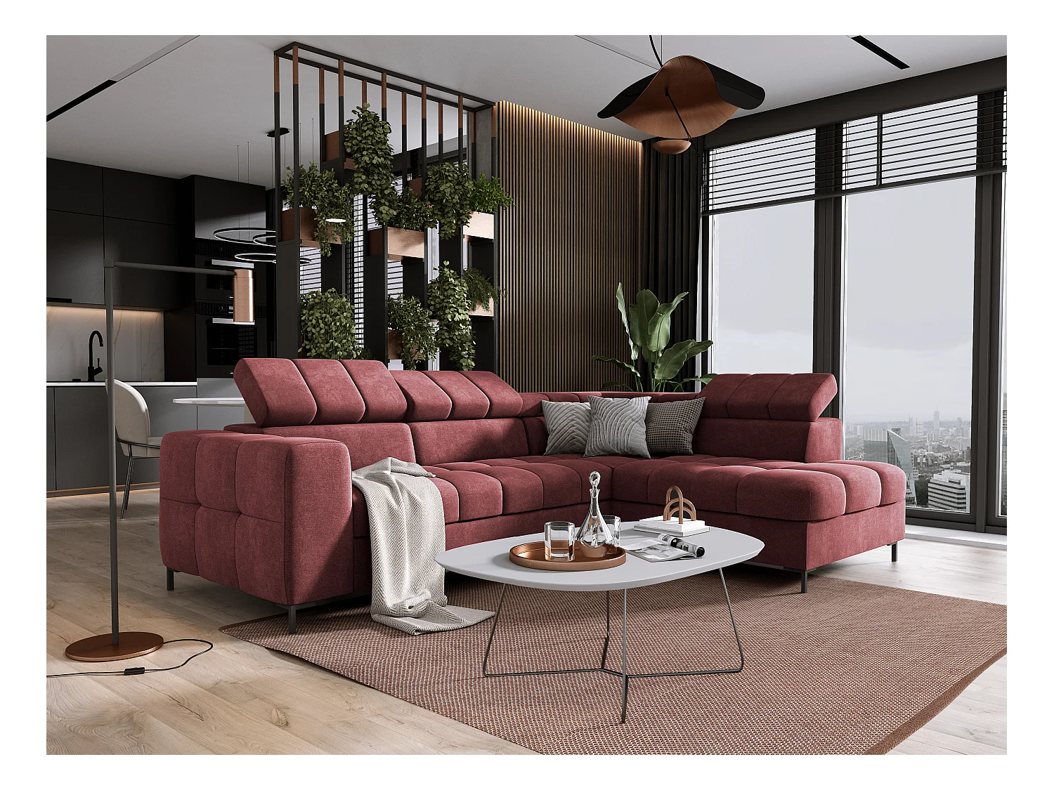 Canapé d'Angle PABLOS avec Têtière Réglable 279x201cm | Couchage & Rangement, Rouge Clair Vogue, Droit