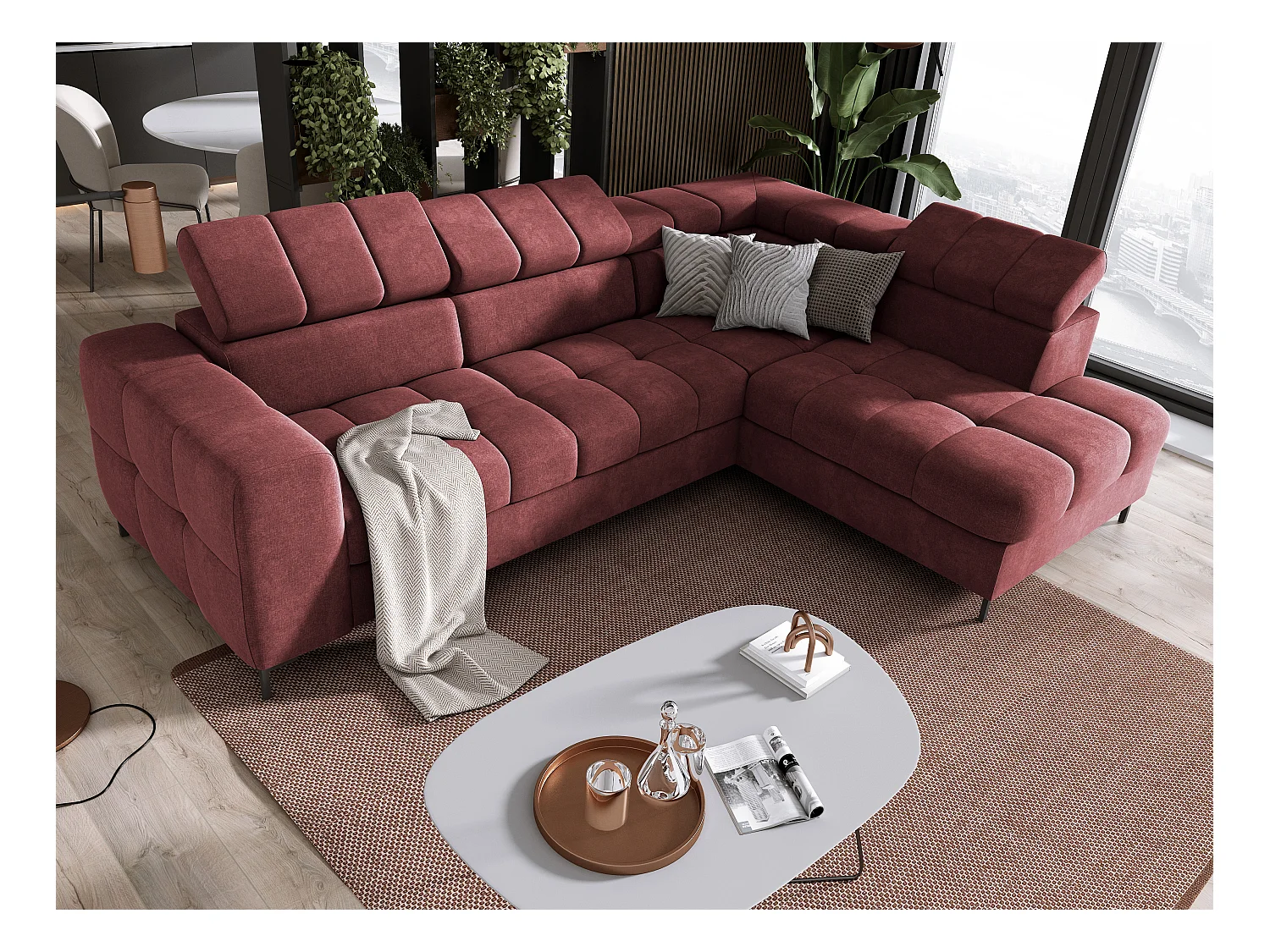 Canapé d'Angle PABLOS avec Têtière Réglable 279x201cm | Couchage & Rangement, Rouge Clair Vogue, Droit