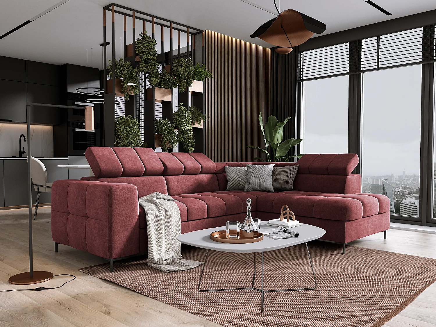 Canapé d'Angle PABLOS avec Têtière Réglable 279x201cm | Couchage & Rangement, Rouge Clair Vogue, Droit