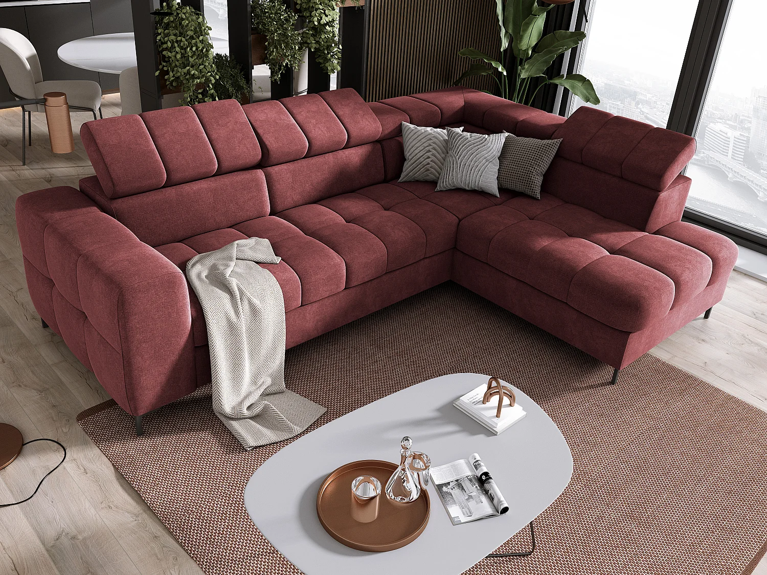 Canapé d'Angle PABLOS avec Têtière Réglable 279x201cm | Couchage & Rangement, Rouge Clair Vogue, Droit