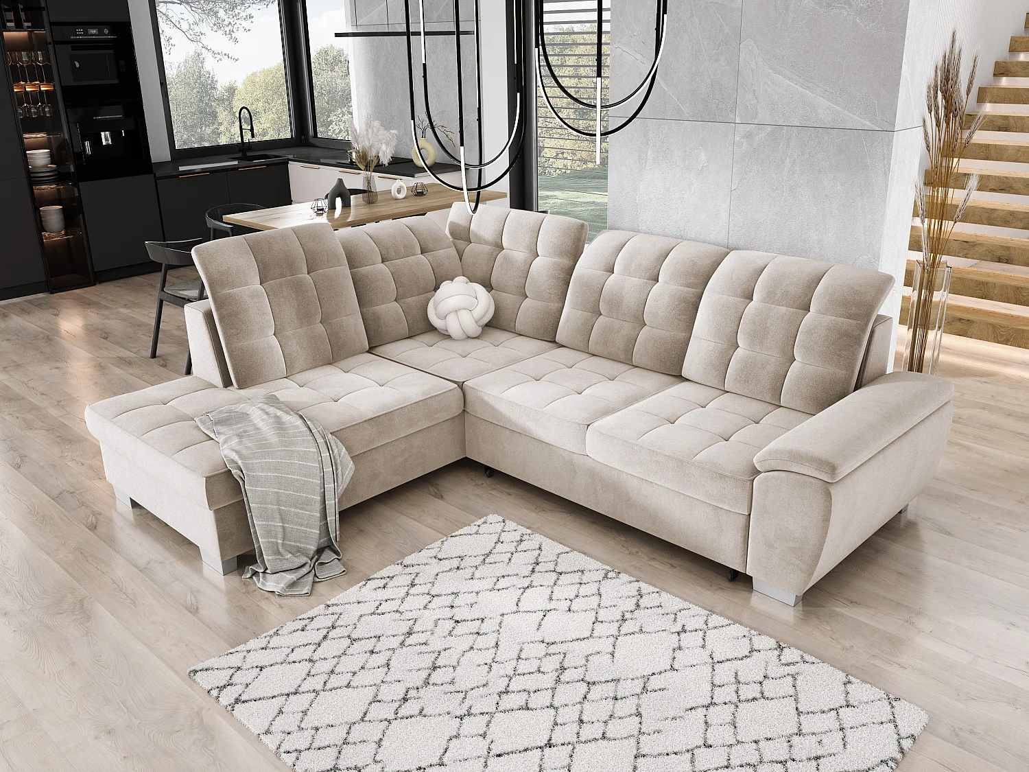 Hoekbank LOTTA in stof SALVADOR, omvormbaar, ruime zit, elegant design, 258x212 cm, linkerhoek, BEIGE