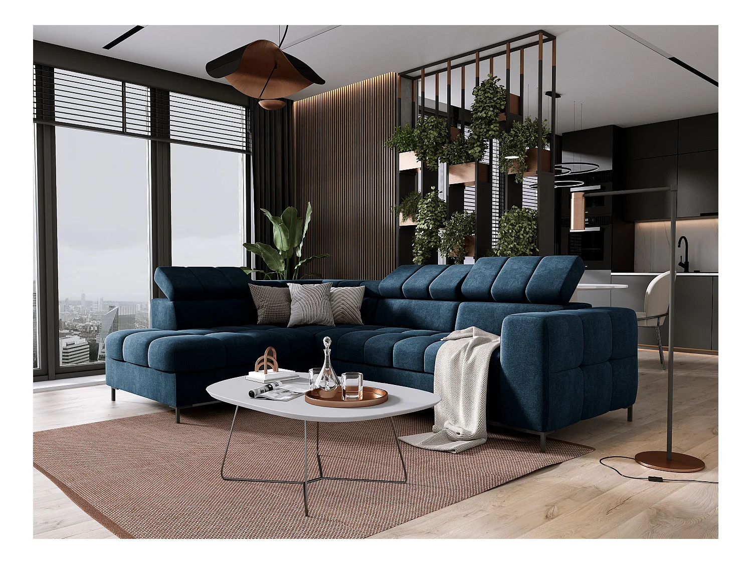 Canapé d'Angle PABLOS avec Têtière Réglable 279x201cm | Couchage & Rangement, Bleu Foncé Vogue, Gauche