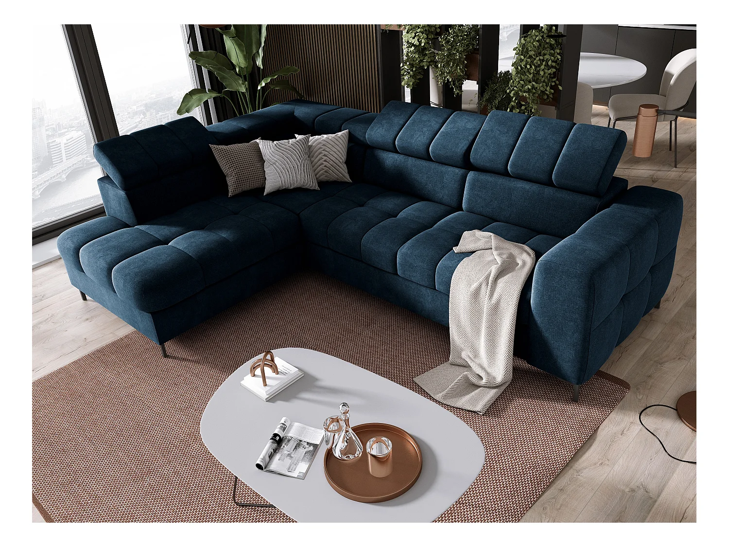 Canapé d'Angle PABLOS avec Têtière Réglable 279x201cm | Couchage & Rangement, Bleu Foncé Vogue, Gauche