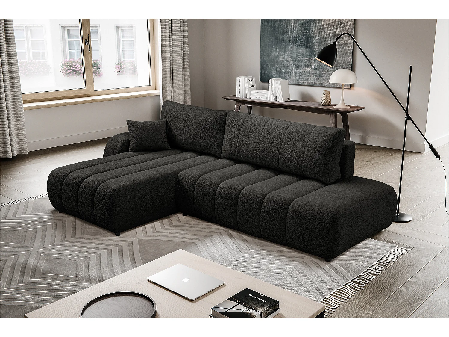 Hoekbank met slaapfunctie BALOO - Modern design, hoge functionaliteit, comfortabele zitting, duurzame materialen, kleur zwart, rechts