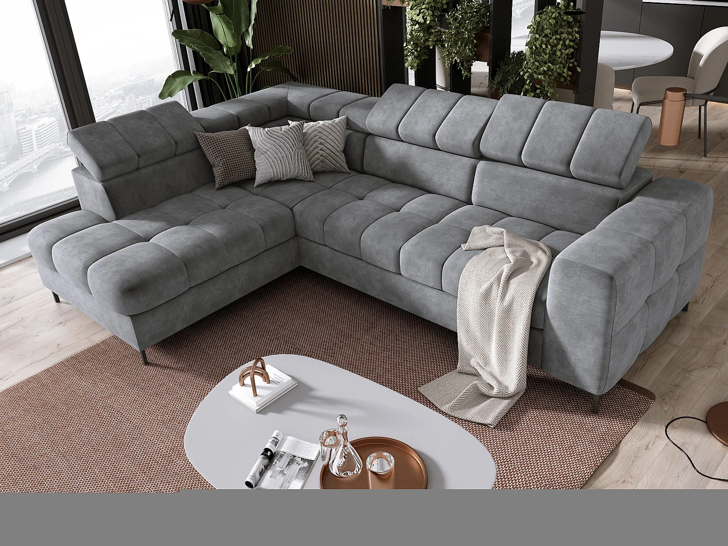 Sofa PABLOS met verstelbare hoofdsteun 279x201cm | Slapen & opbergen, Gris Clair Wolk, Links