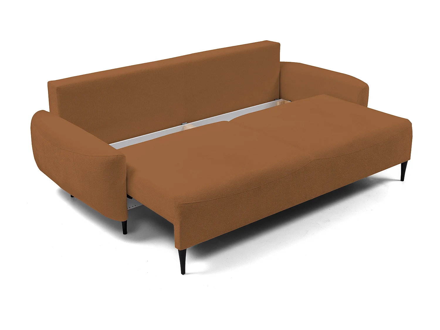 Sofa BOHO - Sofa rozkładana z powierzchnią do spania 140x200cm, drewniane nogi, pojemnik na pościel, tapicerka z pianki PUR, 244x92x102cm MIEDŹ