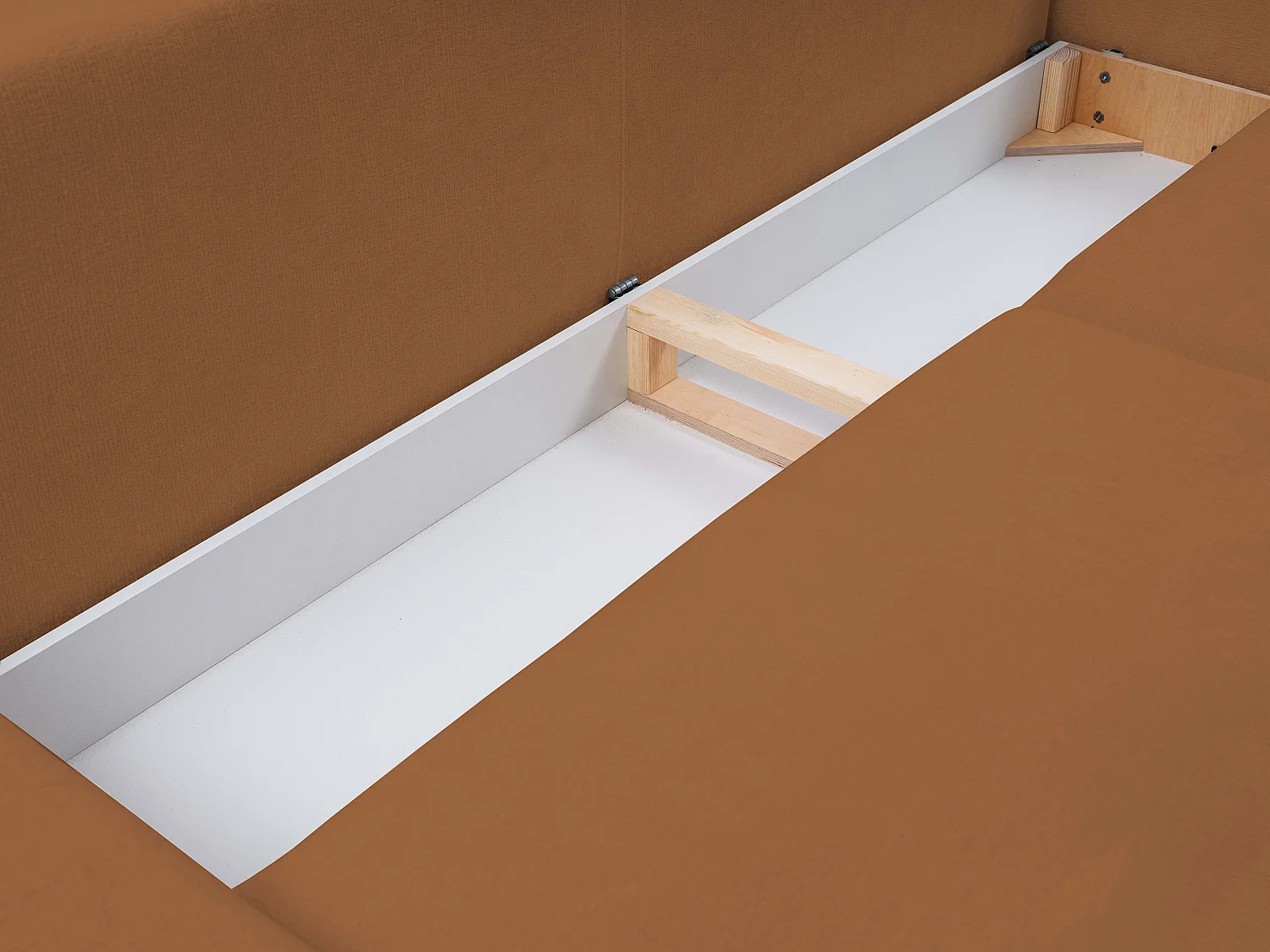 Sofa BOHO - Sofa rozkładana z powierzchnią do spania 140x200cm, drewniane nogi, pojemnik na pościel, tapicerka z pianki PUR, 244x92x102cm MIEDŹ