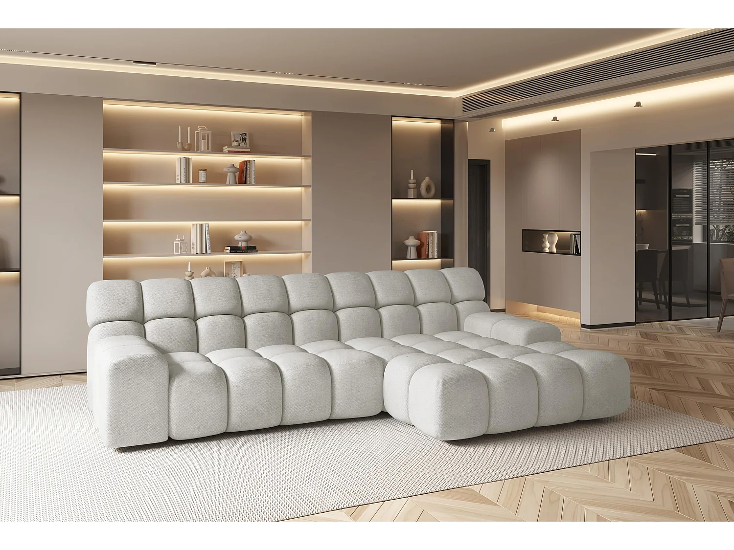 Canapé d'angle CAMPILE au design moderne, 297x180 cm, haute fonctionnalité, assise confortable, couleur Blanc Eden, gauche