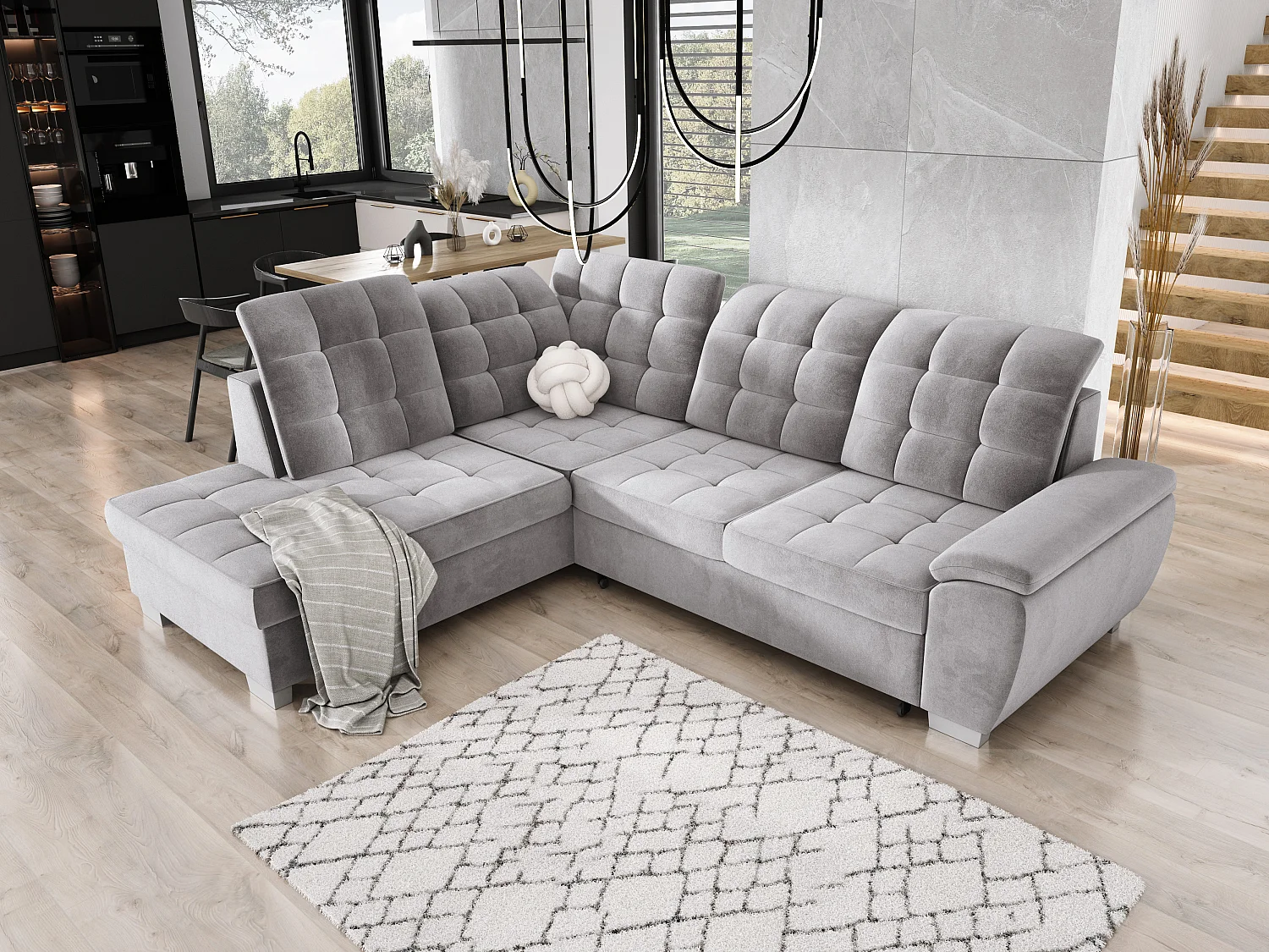 Hoekbank LOTTA, 186x125 cm, relax, onderhoudsvriendelijk fluweel, 258x212 cm, linkerhoek, GREY