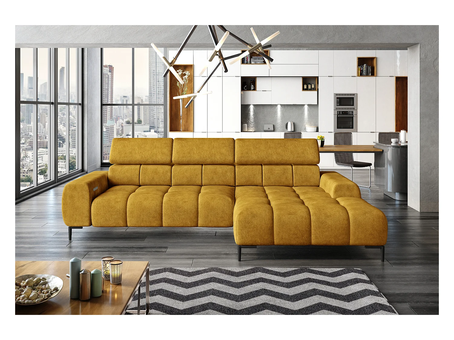 Canapé d'Angle PLAZA Mini Réglage Électrique 270x177cm | Jaune Salvador, Droit